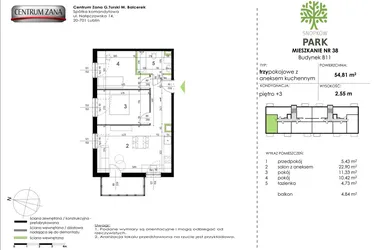 Rzut - Mieszkanie na sprzedaż 3 pokoje o powierzchni 54,81 m² - numer B11_M38 w Snopków Park bud. B11 i B12