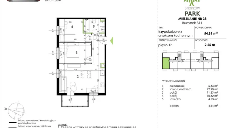 Rzut - Mieszkanie na sprzedaż 3 pokoje o powierzchni 54,81 m² - numer B11_M38 w Snopków Park bud. B11 i B12