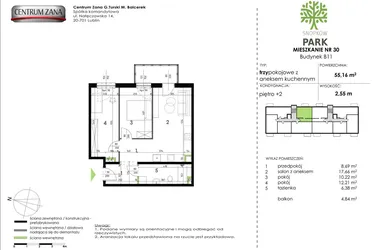 Rzut - Mieszkanie na sprzedaż 3 pokoje o powierzchni 55,16 m² - numer B11_M30 w Snopków Park bud. B11 i B12
