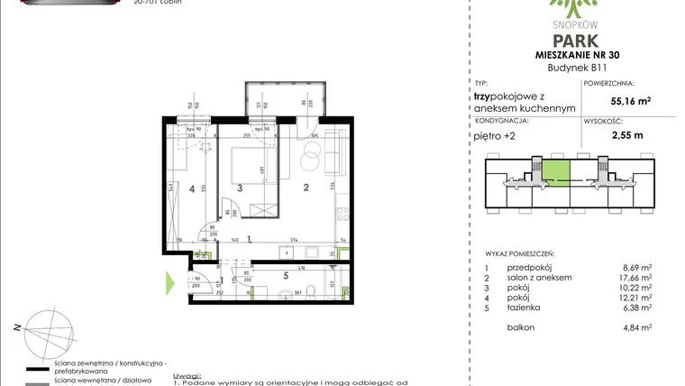 Rzut - Mieszkanie na sprzedaż 3 pokoje o powierzchni 55,16 m² - numer B11_M30 w Snopków Park bud. B11 i B12