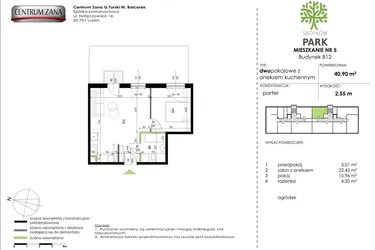 Rzut - Mieszkanie na sprzedaż 2 pokoje o powierzchni 40,9 m² - numer B12_M05 w Snopków Park bud. B11 i B12