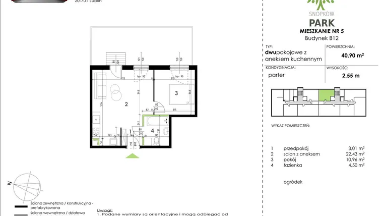 Rzut - Mieszkanie na sprzedaż 2 pokoje o powierzchni 40,9 m² - numer B12_M05 w Snopków Park bud. B11 i B12