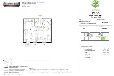 Rzut - Mieszkanie na sprzedaż 2 pokoje o powierzchni 40,36 m² - numer B12_M03 w Snopków Park bud. B11 i B12