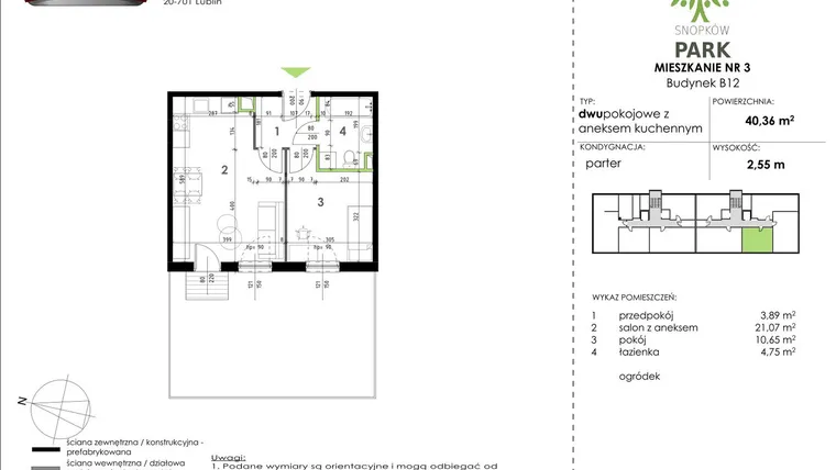 Rzut - Mieszkanie na sprzedaż 2 pokoje o powierzchni 40,36 m² - numer B12_M03 w Snopków Park bud. B11 i B12