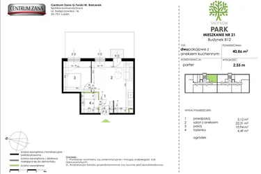 Rzut - Mieszkanie na sprzedaż 2 pokoje o powierzchni 40,86 m² - numer B12_M21 w Snopków Park bud. B11 i B12