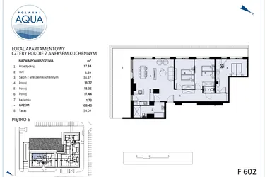 Rzut - Mieszkanie na sprzedaż 4 pokoje o powierzchni 109,4 m² - numer F602 w Polanki Aqua - budynek E i F