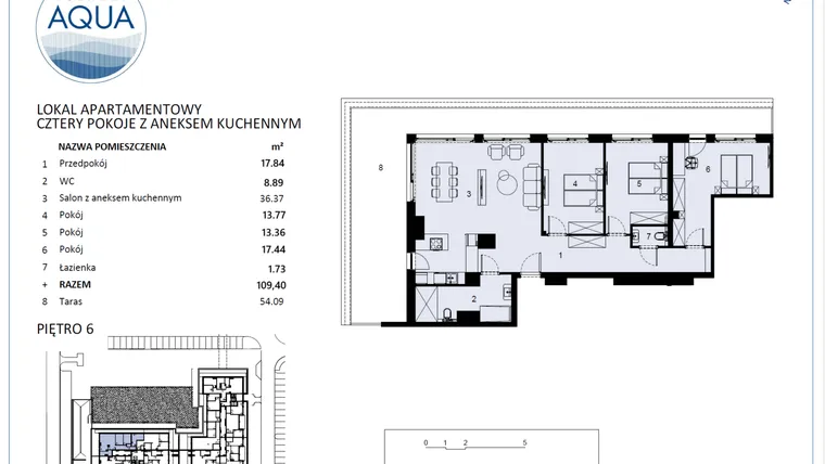 Rzut - Mieszkanie na sprzedaż 4 pokoje o powierzchni 109,4 m² - numer F602 w Polanki Aqua - budynek E i F