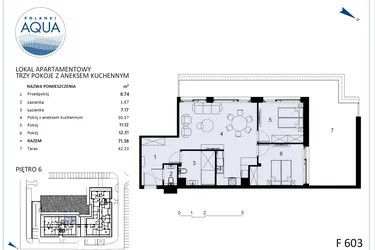 Rzut - Mieszkanie na sprzedaż 3 pokoje o powierzchni 71,38 m² - numer F603 w Polanki Aqua - budynek E i F