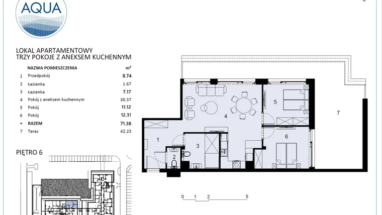 Rzut - Mieszkanie na sprzedaż 3 pokoje o powierzchni 71,38 m² - numer F603 w Polanki Aqua - budynek E i F