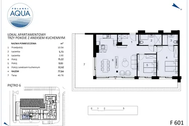 Rzut - Mieszkanie na sprzedaż 3 pokoje o powierzchni 77,84 m² - numer F601 w Polanki Aqua - budynek E i F