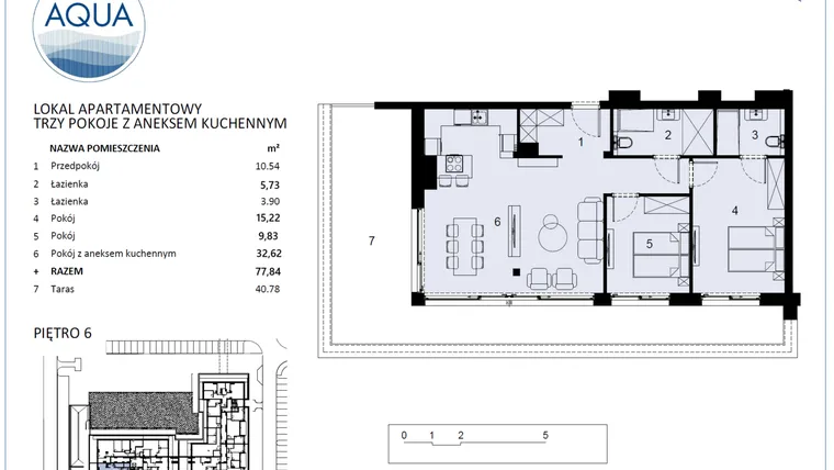 Rzut - Mieszkanie na sprzedaż 3 pokoje o powierzchni 77,84 m² - numer F601 w Polanki Aqua - budynek E i F