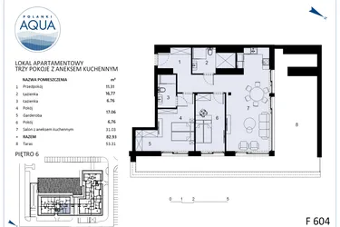 Rzut - Mieszkanie na sprzedaż 3 pokoje o powierzchni 82,93 m² - numer F604 w Polanki Aqua - budynek E i F