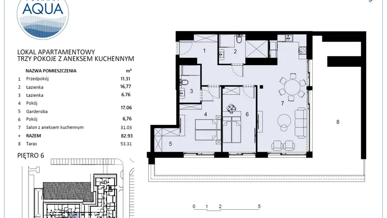 Rzut - Mieszkanie na sprzedaż 3 pokoje o powierzchni 82,93 m² - numer F604 w Polanki Aqua - budynek E i F