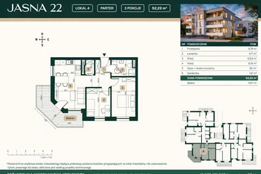 Rzut - Mieszkanie na sprzedaż 3 pokoje o powierzchni 52,22 m² - numer 4 w Jasna 22