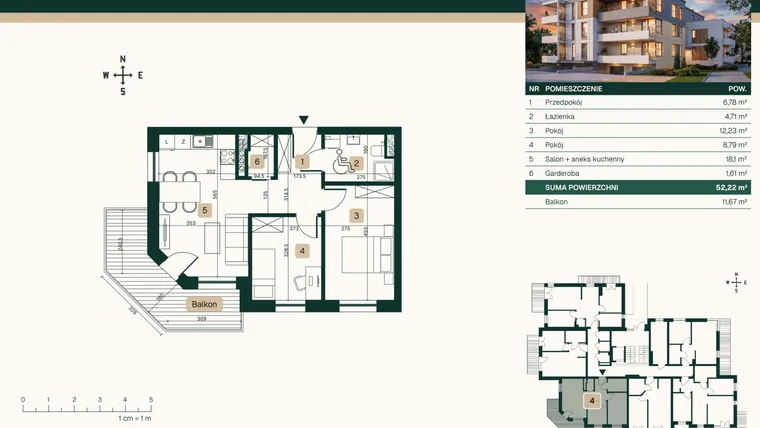 Rzut - Mieszkanie na sprzedaż 3 pokoje o powierzchni 52,22 m² - numer 4 w Jasna 22