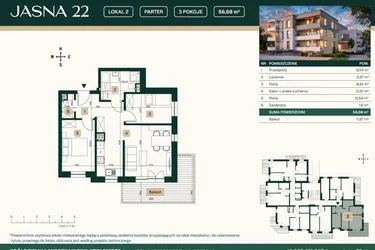 Rzut - Mieszkanie na sprzedaż 3 pokoje o powierzchni 56,68 m² - numer 2 w Jasna 22