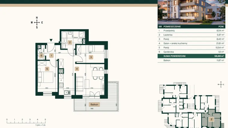 Rzut - Mieszkanie na sprzedaż 3 pokoje o powierzchni 56,68 m² - numer 2 w Jasna 22