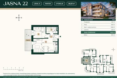 Rzut - Mieszkanie na sprzedaż 2 pokoje o powierzchni 38,22 m² - numer 5 w Jasna 22