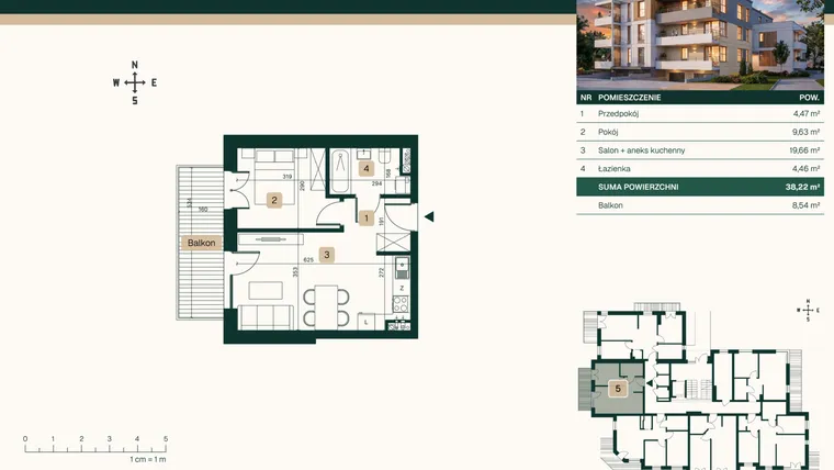 Rzut - Mieszkanie na sprzedaż 2 pokoje o powierzchni 38,22 m² - numer 5 w Jasna 22
