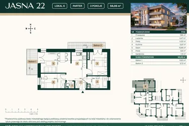 Rzut - Mieszkanie na sprzedaż 3 pokoje o powierzchni 56,06 m² - numer 6 w Jasna 22
