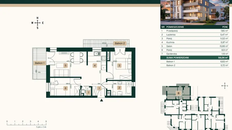 Rzut - Mieszkanie na sprzedaż 3 pokoje o powierzchni 56,06 m² - numer 6 w Jasna 22