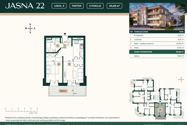 Rzut - Mieszkanie na sprzedaż 2 pokoje o powierzchni 40,46 m² - numer 3 w Jasna 22