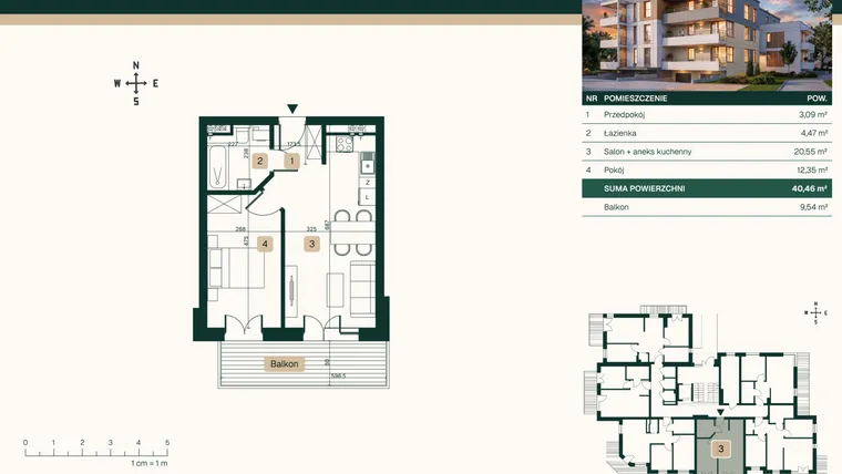Rzut - Mieszkanie na sprzedaż 2 pokoje o powierzchni 40,46 m² - numer 3 w Jasna 22