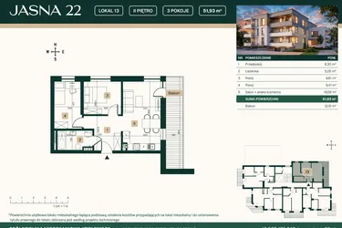 Rzut - Mieszkanie na sprzedaż 3 pokoje o powierzchni 51,93 m² - numer 13 w Jasna 22
