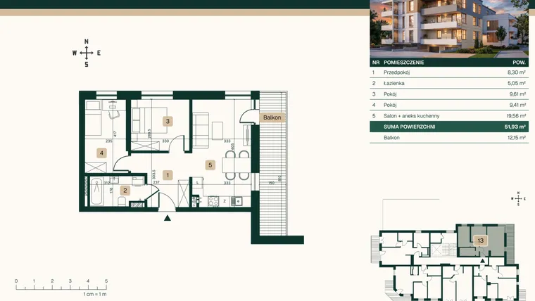 Rzut - Mieszkanie na sprzedaż 3 pokoje o powierzchni 51,93 m² - numer 13 w Jasna 22