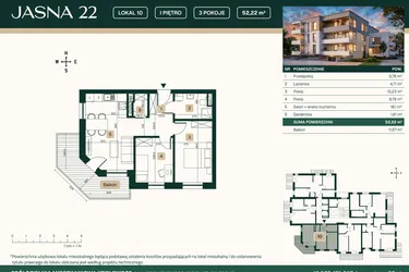 Rzut - Mieszkanie na sprzedaż 3 pokoje o powierzchni 52,22 m² - numer 10 w Jasna 22