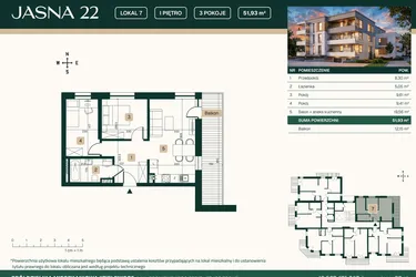 Rzut - Mieszkanie na sprzedaż 3 pokoje o powierzchni 51,93 m² - numer 7 w Jasna 22