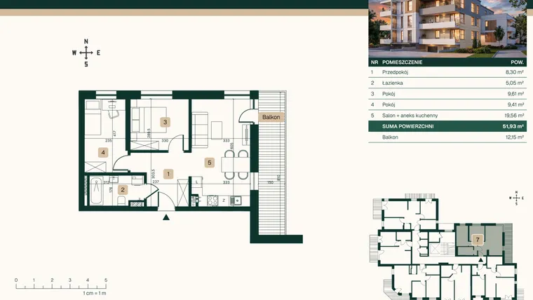 Rzut - Mieszkanie na sprzedaż 3 pokoje o powierzchni 51,93 m² - numer 7 w Jasna 22