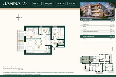 Rzut - Mieszkanie na sprzedaż 3 pokoje o powierzchni 51,74 m² - numer 17 w Jasna 22