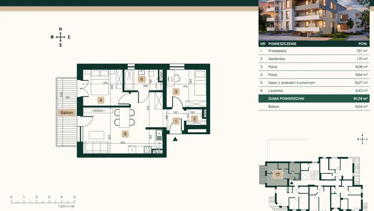 Rzut - Mieszkanie na sprzedaż 3 pokoje o powierzchni 51,74 m² - numer 17 w Jasna 22