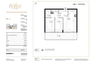 Rzut - Mieszkanie na sprzedaż 3 pokoje o powierzchni 69,64 m² - numer 11 w Warmiński Port etap III