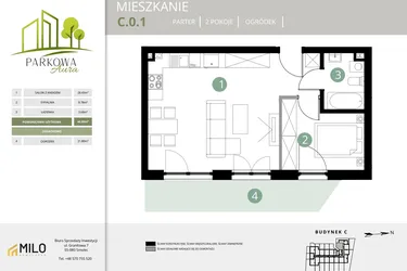 Rzut - Mieszkanie na sprzedaż 2 pokoje o powierzchni 40,89 m² - numer C.0.1 w Parkowa Aura