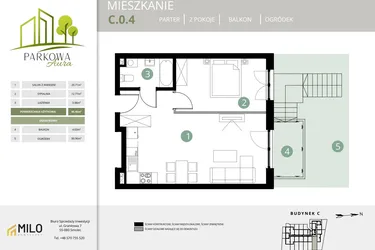 Rzut - Mieszkanie na sprzedaż 2 pokoje o powierzchni 46,46 m² - numer C.0.4 w Parkowa Aura