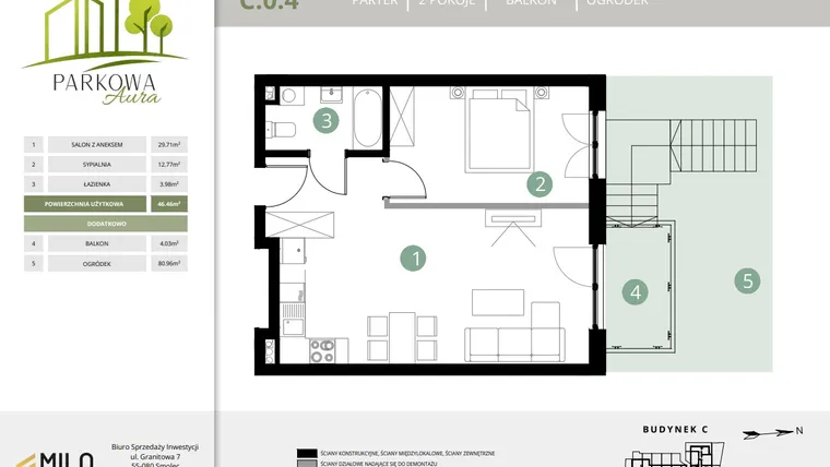 Rzut - Mieszkanie na sprzedaż 2 pokoje o powierzchni 46,46 m² - numer C.0.4 w Parkowa Aura