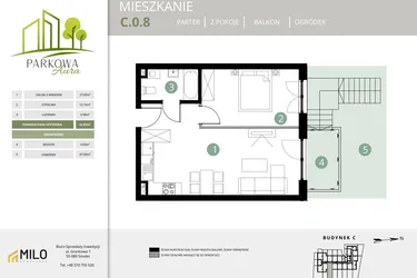 Rzut - Mieszkanie na sprzedaż 2 pokoje o powierzchni 43,81 m² - numer C.0.8 w Parkowa Aura
