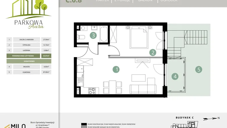Rzut - Mieszkanie na sprzedaż 2 pokoje o powierzchni 43,81 m² - numer C.0.8 w Parkowa Aura