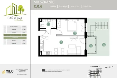 Rzut - Mieszkanie na sprzedaż 2 pokoje o powierzchni 43,81 m² - numer C.0.6 w Parkowa Aura