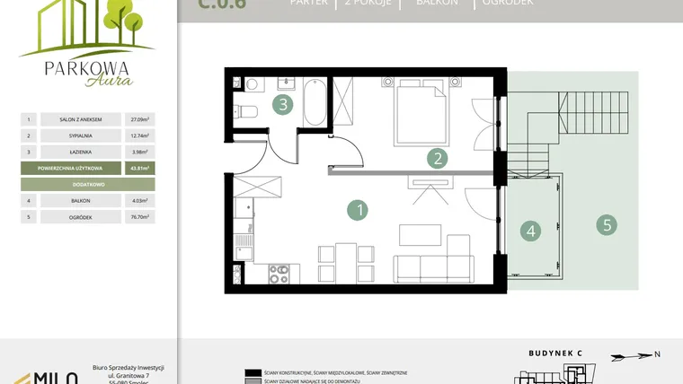 Rzut - Mieszkanie na sprzedaż 2 pokoje o powierzchni 43,81 m² - numer C.0.6 w Parkowa Aura