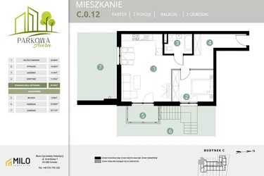 Rzut - Mieszkanie na sprzedaż 2 pokoje o powierzchni 52,3 m² - numer C.0.12 w Parkowa Aura