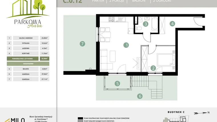 Rzut - Mieszkanie na sprzedaż 2 pokoje o powierzchni 52,3 m² - numer C.0.12 w Parkowa Aura