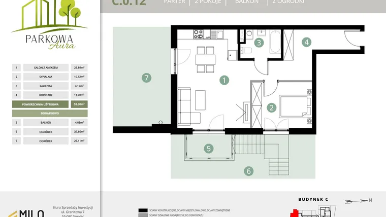 Rzut - Mieszkanie na sprzedaż 2 pokoje o powierzchni 52,3 m² - numer C.0.12 w Parkowa Aura