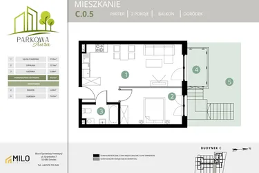 Rzut - Mieszkanie na sprzedaż 2 pokoje o powierzchni 43,81 m² - numer C.0.5 w Parkowa Aura