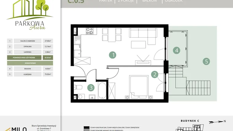 Rzut - Mieszkanie na sprzedaż 2 pokoje o powierzchni 43,81 m² - numer C.0.5 w Parkowa Aura