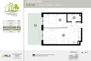 Rzut - Mieszkanie na sprzedaż 2 pokoje o powierzchni 43,58 m² - numer C.0.14 w Parkowa Aura