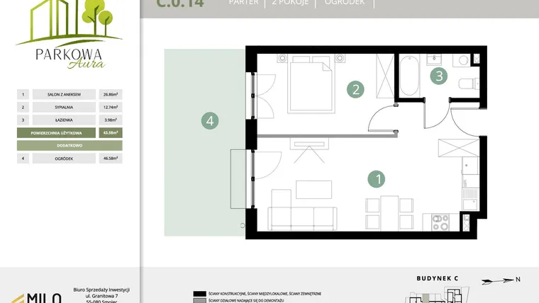 Rzut - Mieszkanie na sprzedaż 2 pokoje o powierzchni 43,58 m² - numer C.0.14 w Parkowa Aura
