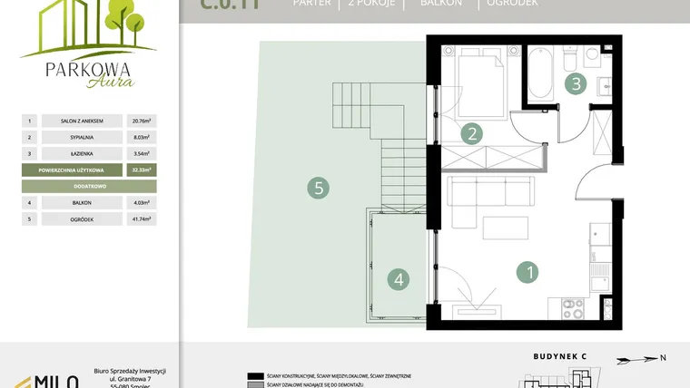 Rzut - Mieszkanie na sprzedaż 2 pokoje o powierzchni 32,33 m² - numer C.0.11 w Parkowa Aura